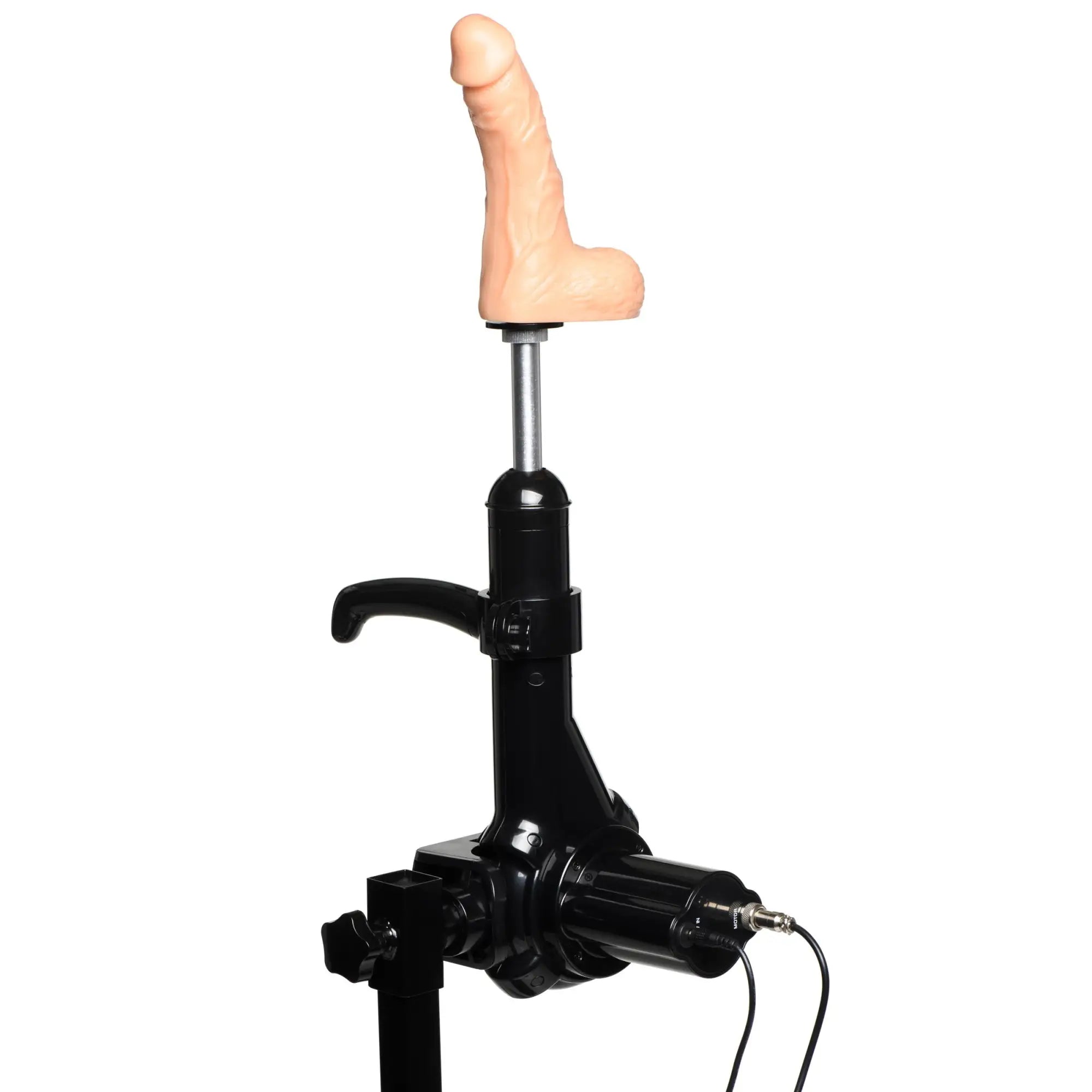 Master Series The Dicktator 2.0: Black motorized machine base with an attached realistic flesh-toned phallic attachment.