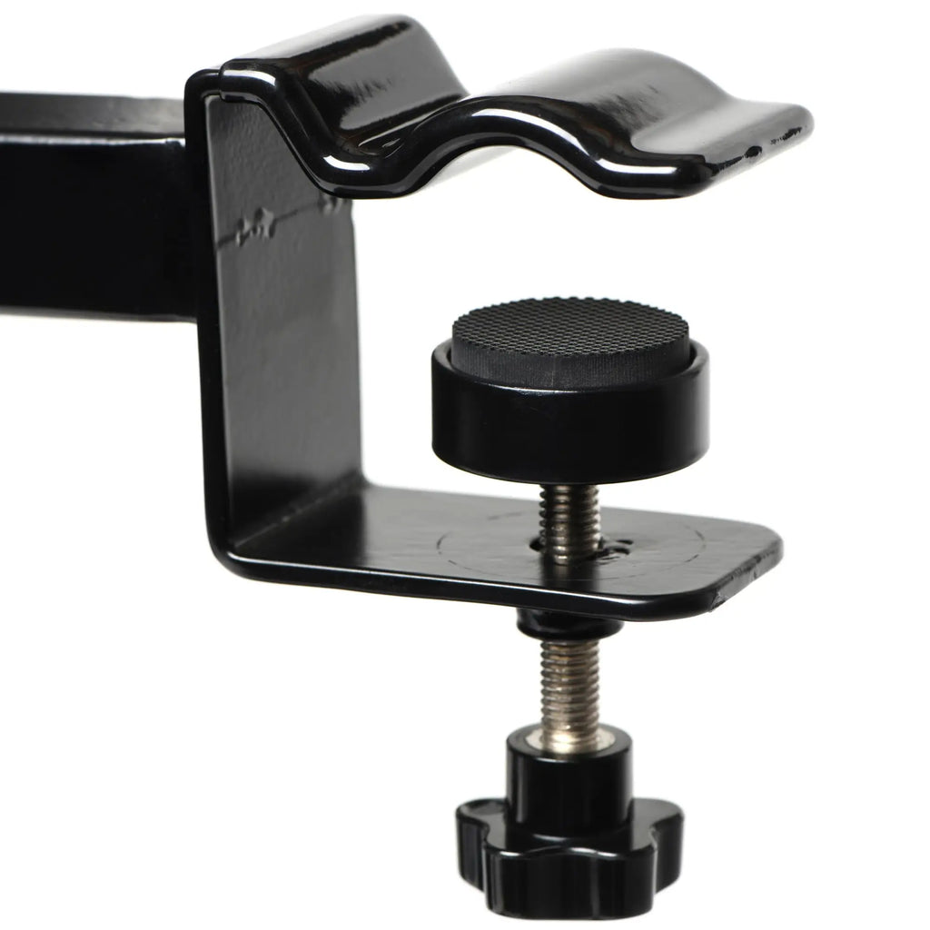 Master Series The Dicktator 2.0: Black metal C-clamp mounting attachment with a textured grip and tightening knob.