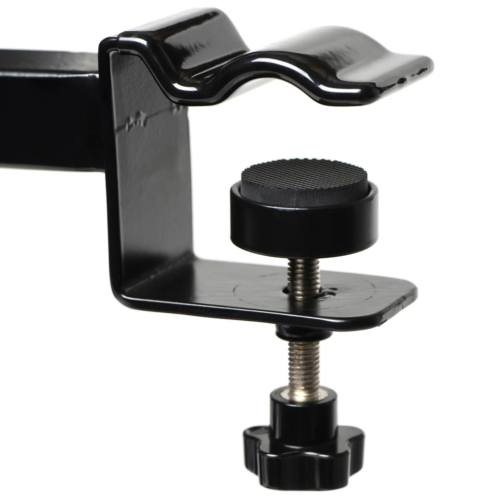 Master Series The Dicktator 2.0: Black metal C-clamp mounting attachment with a textured grip and tightening knob.