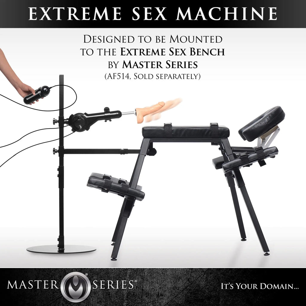 Master Series The Dicktator 2.0 Extreme Sex Machine: A black, mounted mechanical sex device with a hand-held controller.