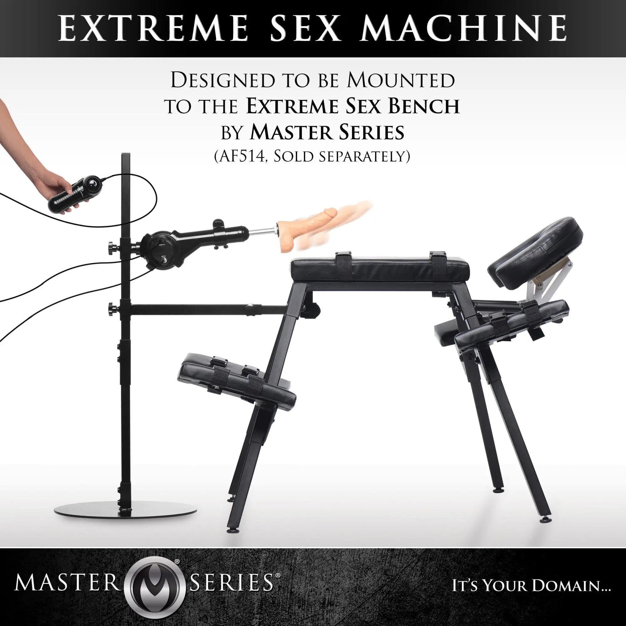 Master Series The Dicktator 2.0 Extreme Sex Machine: A black, mounted mechanical sex device with a hand-held controller.