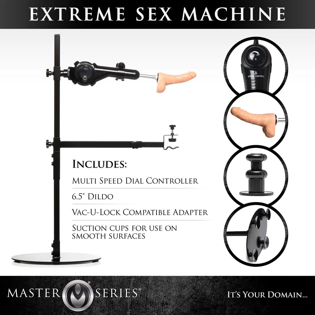 Master Series The Dicktator 2.0: black metal adjustable stand with speed controller and 6.5-inch beige dildo attachment.