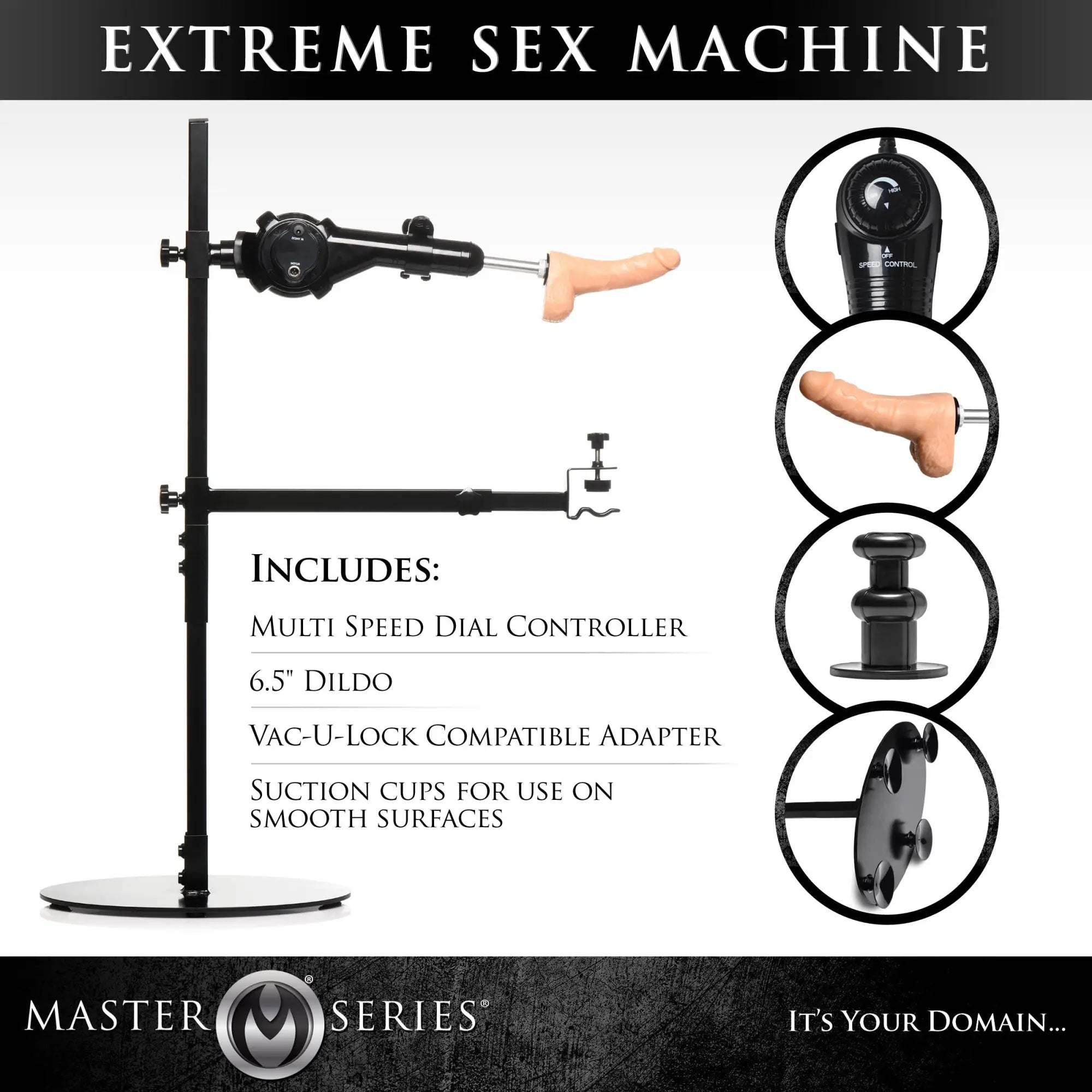 Master Series The Dicktator 2.0: black metal adjustable stand with speed controller and 6.5-inch beige dildo attachment.