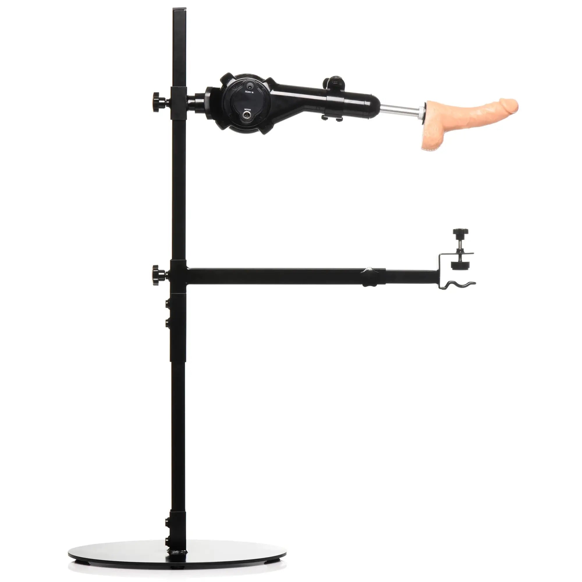 Master Series The Dicktator 2.0 sex machine: a black metal stand with a motorized arm and a flesh-toned phallic attachment.