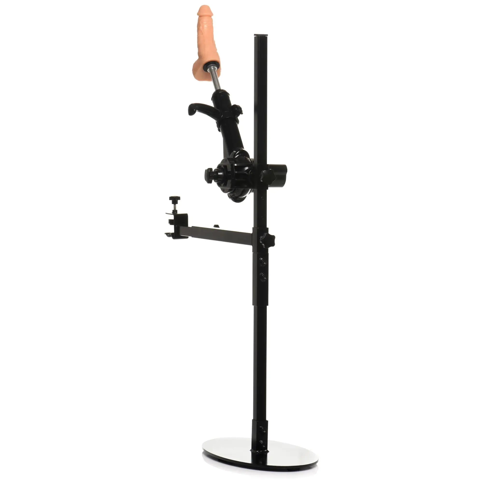Master Series The Dicktator 2.0: Black metal adjustable stand with a realistic beige silicone attachment on a white back.
