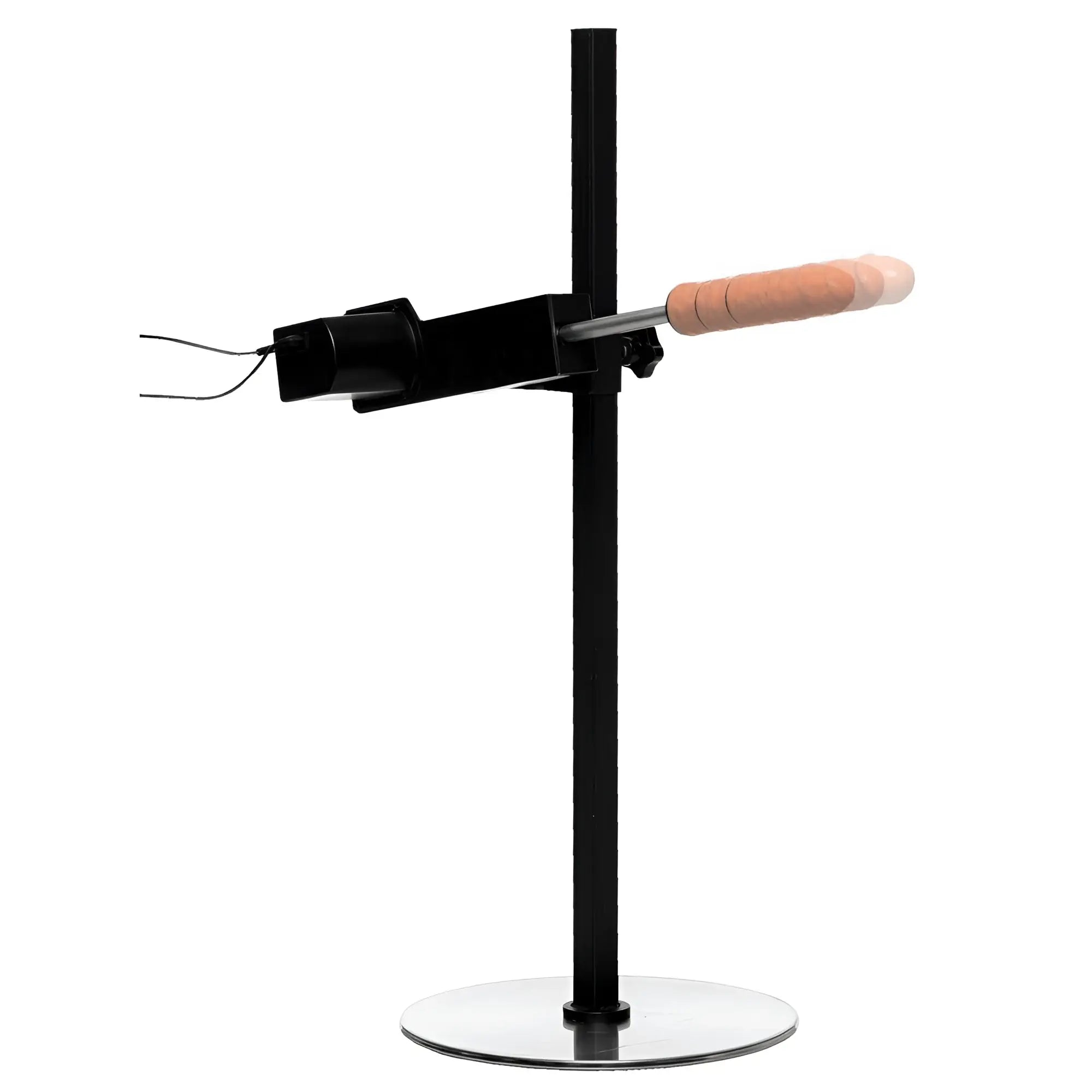 Master Series The Dicktator sex machine: A black vertical stand with a motor and a beige dildo attachment on a base.
