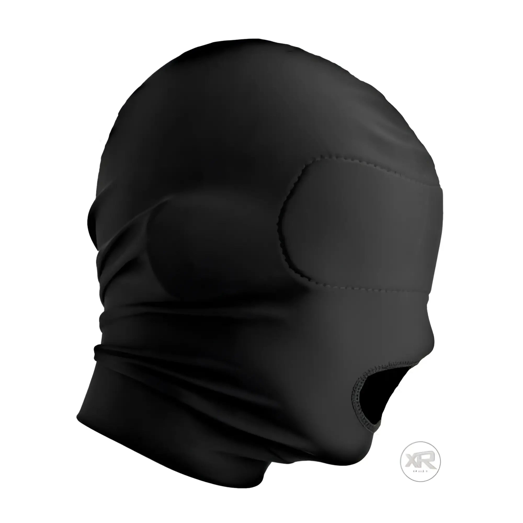 Master Series black hood with a padded blindfold and an open mouth design, shown in profile on a white background.