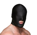 Master Series Disguise black hood with padded blindfold and open mouth, shown on a person’s head.