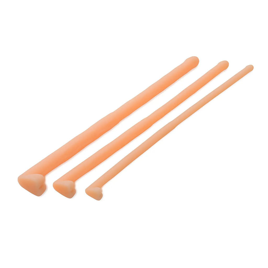 Master Series Dockers: Set of three peach-colored silicone urethral sounds with flared heart-shaped bases.