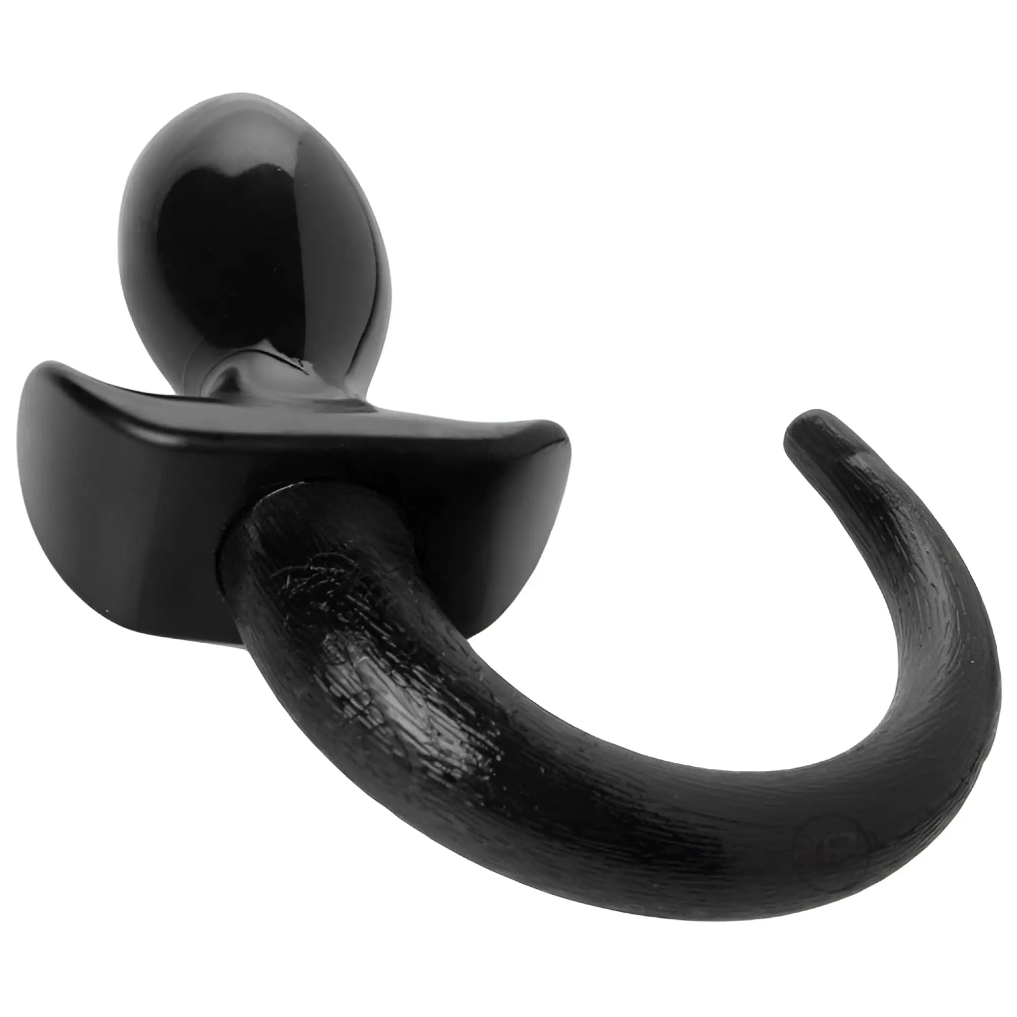 Master Series black silicone dog tail butt plug with a smooth flared base and textured, curved tail attachment.