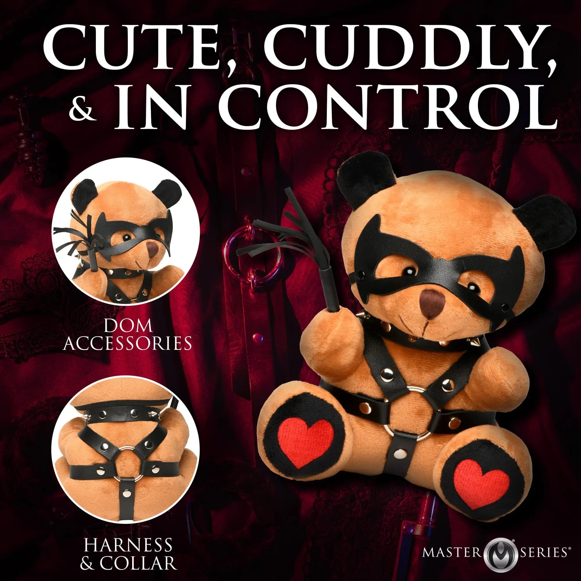 Master Series Dom Teddy Bear: Tan plush bear wearing a black leather mask, spiked collar, harness, and holding a crop.
