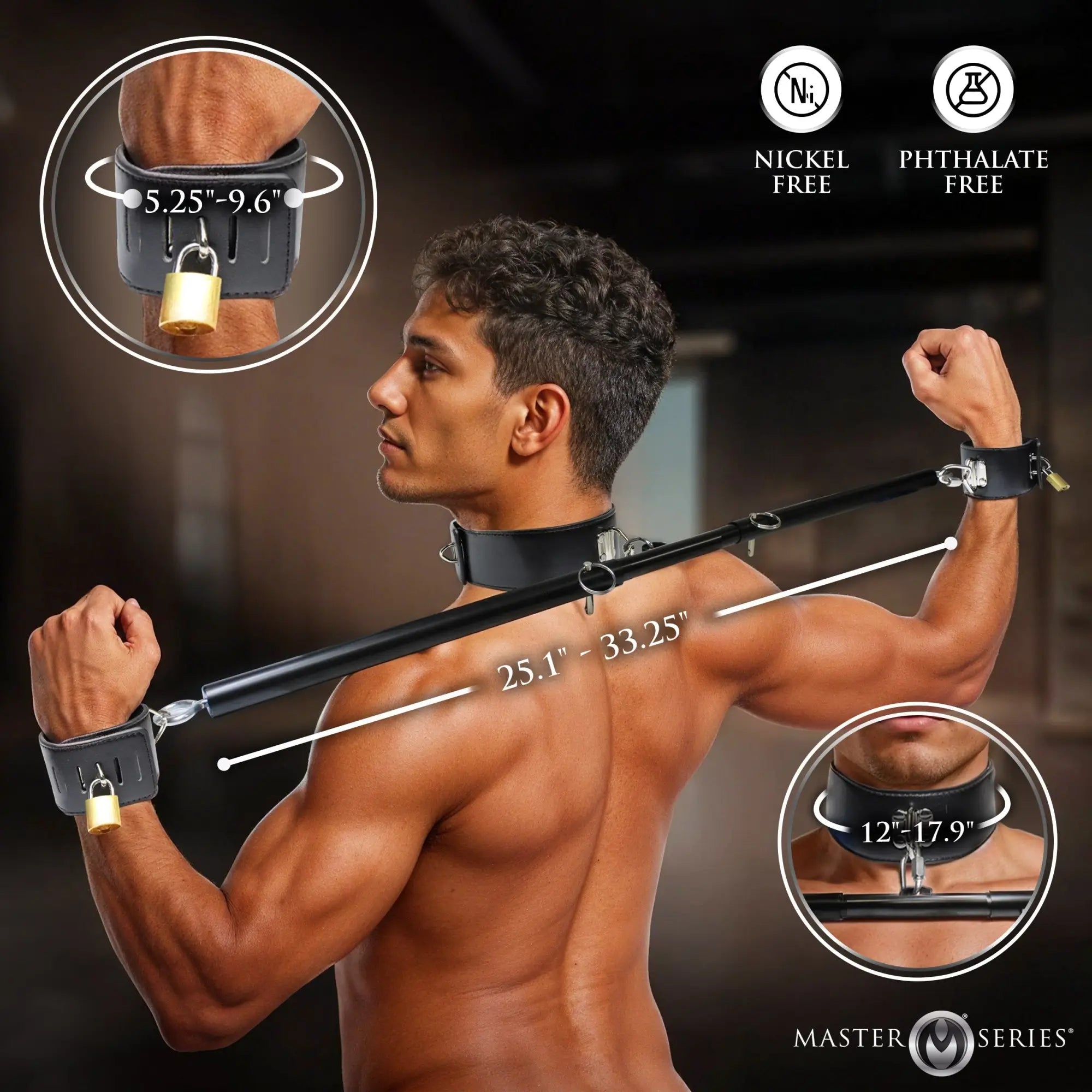 Master Series Dominion black leather spreader bar with collar and locking wrist restraints, showing dimensions.