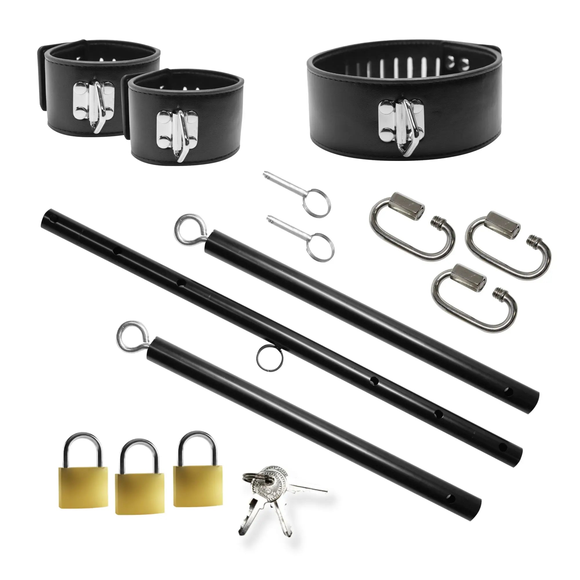 Master Series Dominion Bar set: black leather collar, cuffs, adjustable metal bars, hardware, and brass padlocks.