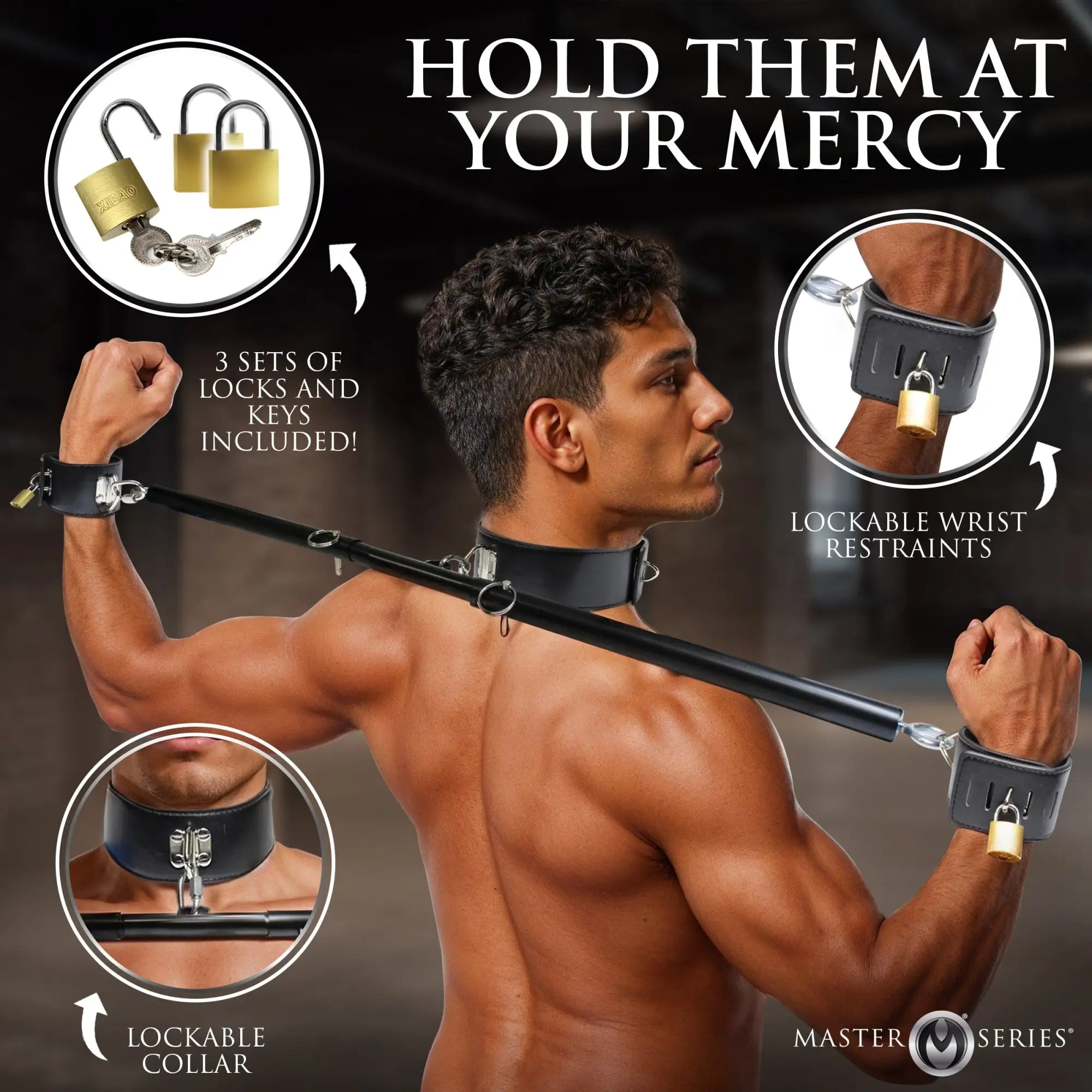 Master Series Dominion black leather spreader bar with a locking collar, wrist cuffs, and three brass padlocks with keys.