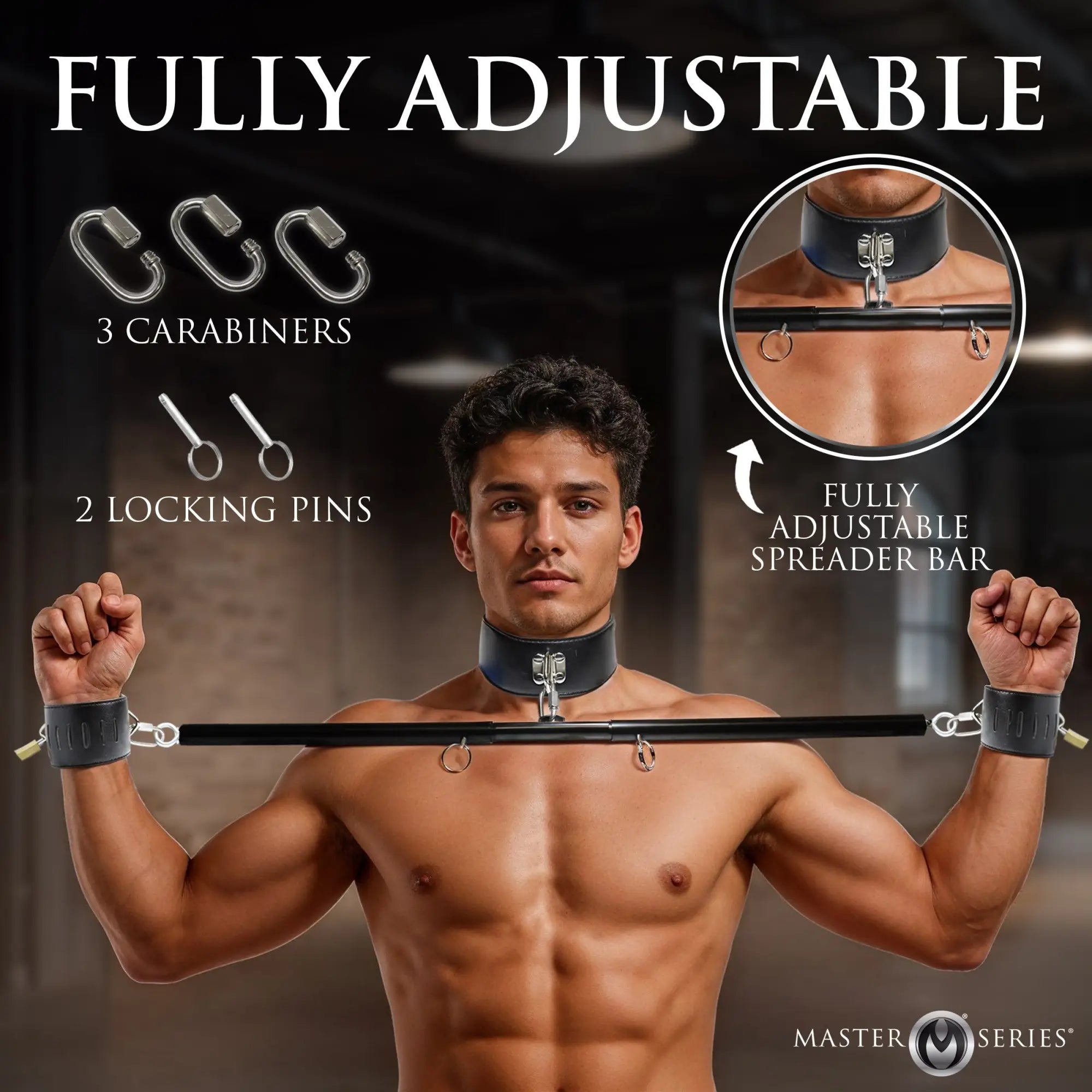 Master Series Dominion black leather collar and wrist restraints connected by a metallic, adjustable spreader bar.