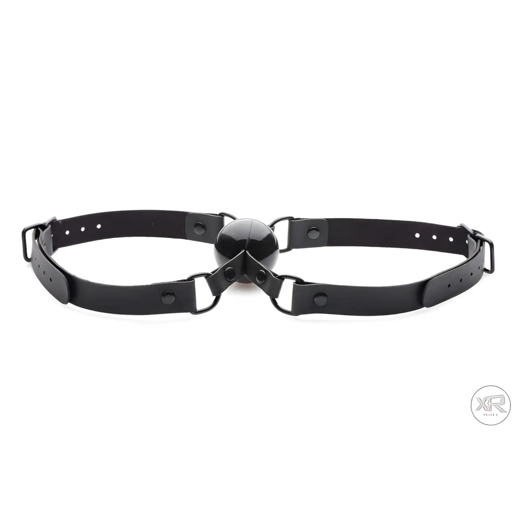 Master Series Doppleganger silicone mouth gag featuring a black ball attached to an adjustable black buckled strap.
