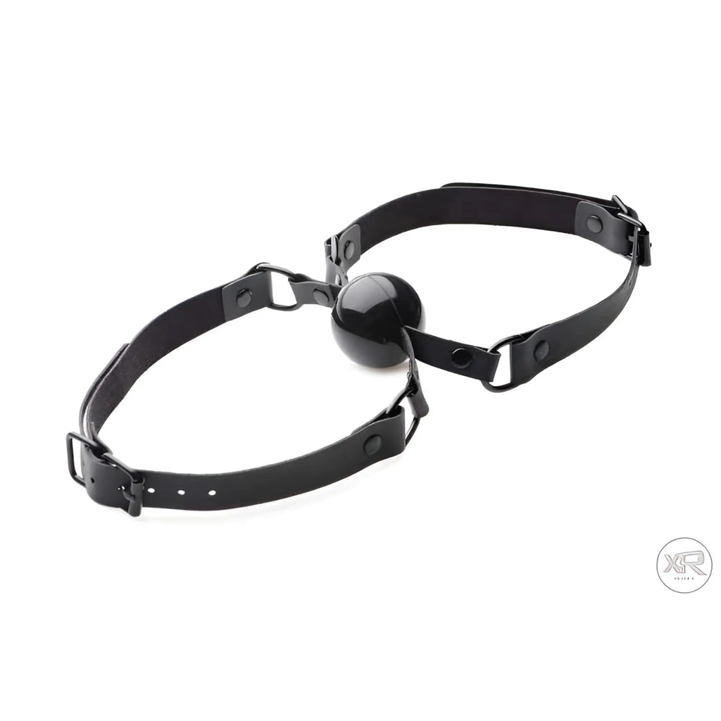 Master Series Doppleganger mouth gag: black silicone ball with adjustable black leather straps and metal hardware.