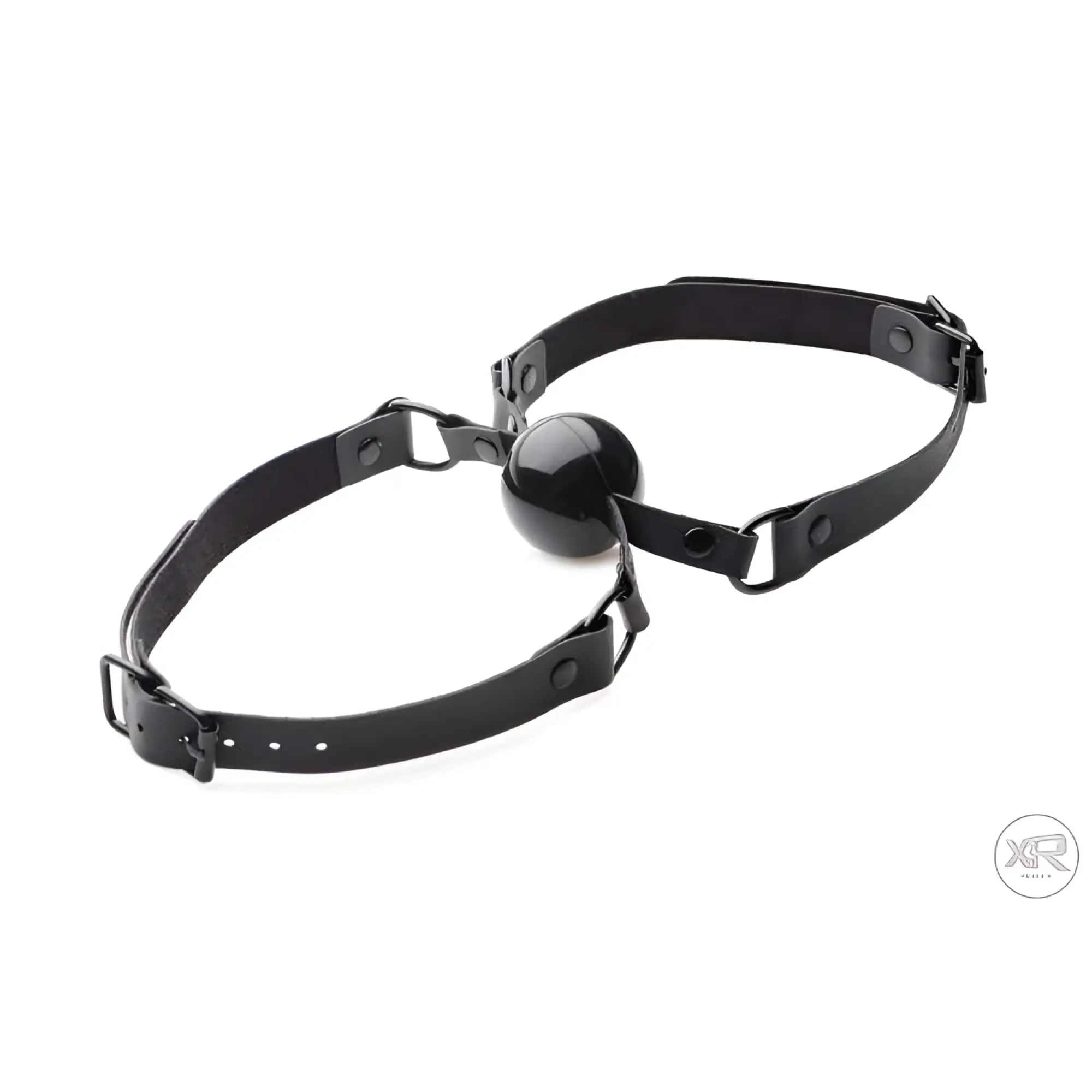 Master Series Doppleganger mouth gag: black silicone ball with adjustable black leather straps and metal hardware.