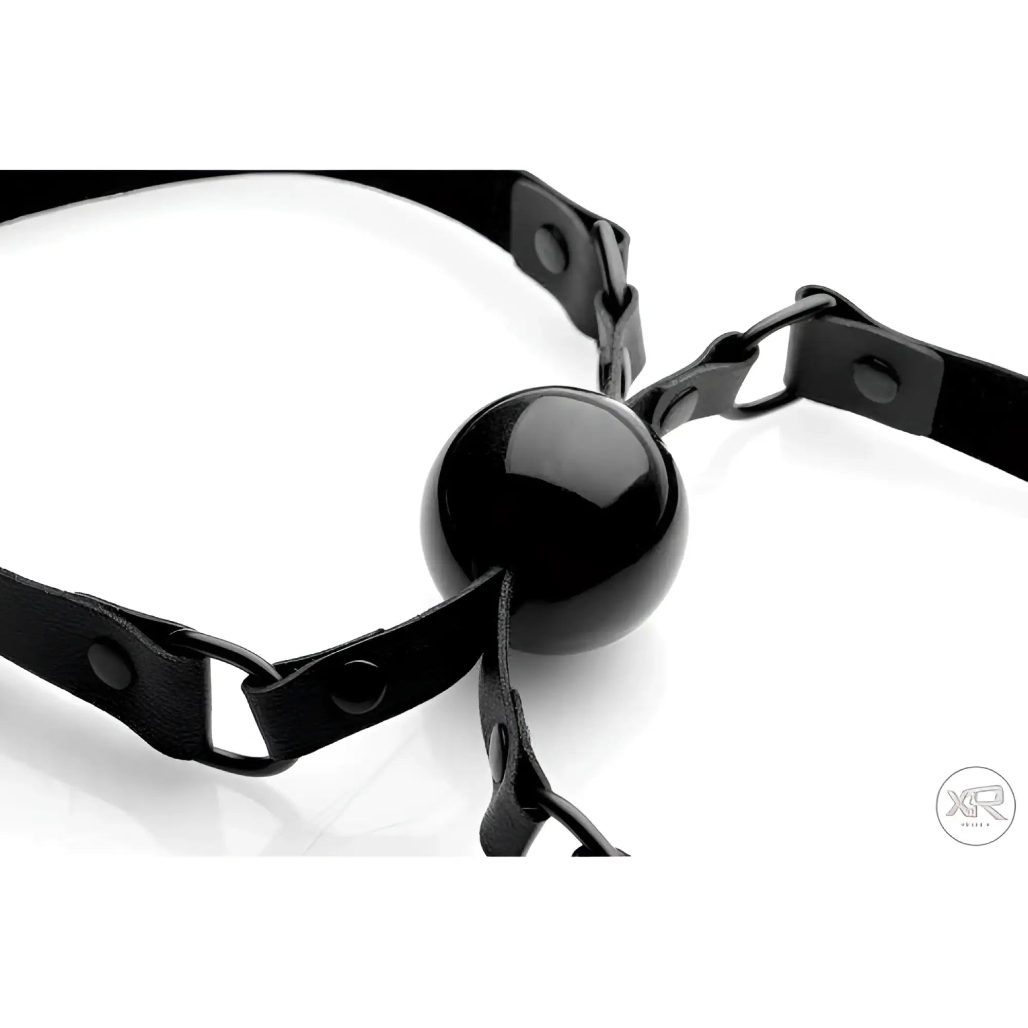 Master Series Doppleganger silicone mouth gag featuring a glossy black ball with adjustable black straps and hardware.