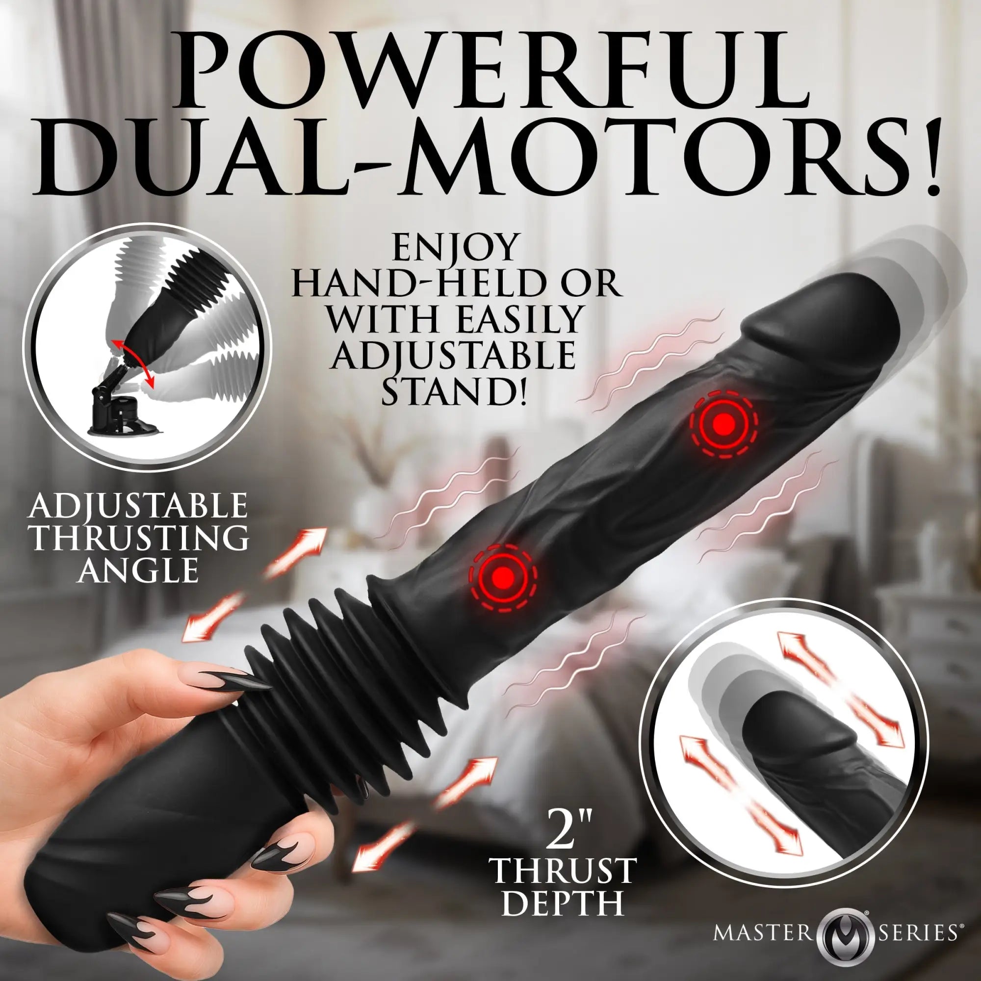 Master Series Double Pounder: a black silicone vibrating thruster dildo with an adjustable stand and 2-inch thrust depth.