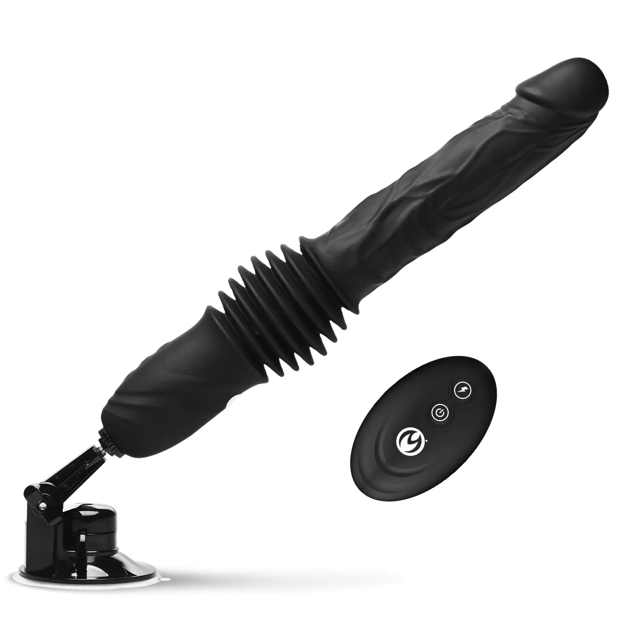 Master Series Double Pounder, a black silicone thruster dildo with a ribbed base, suction cup mount, and remote.