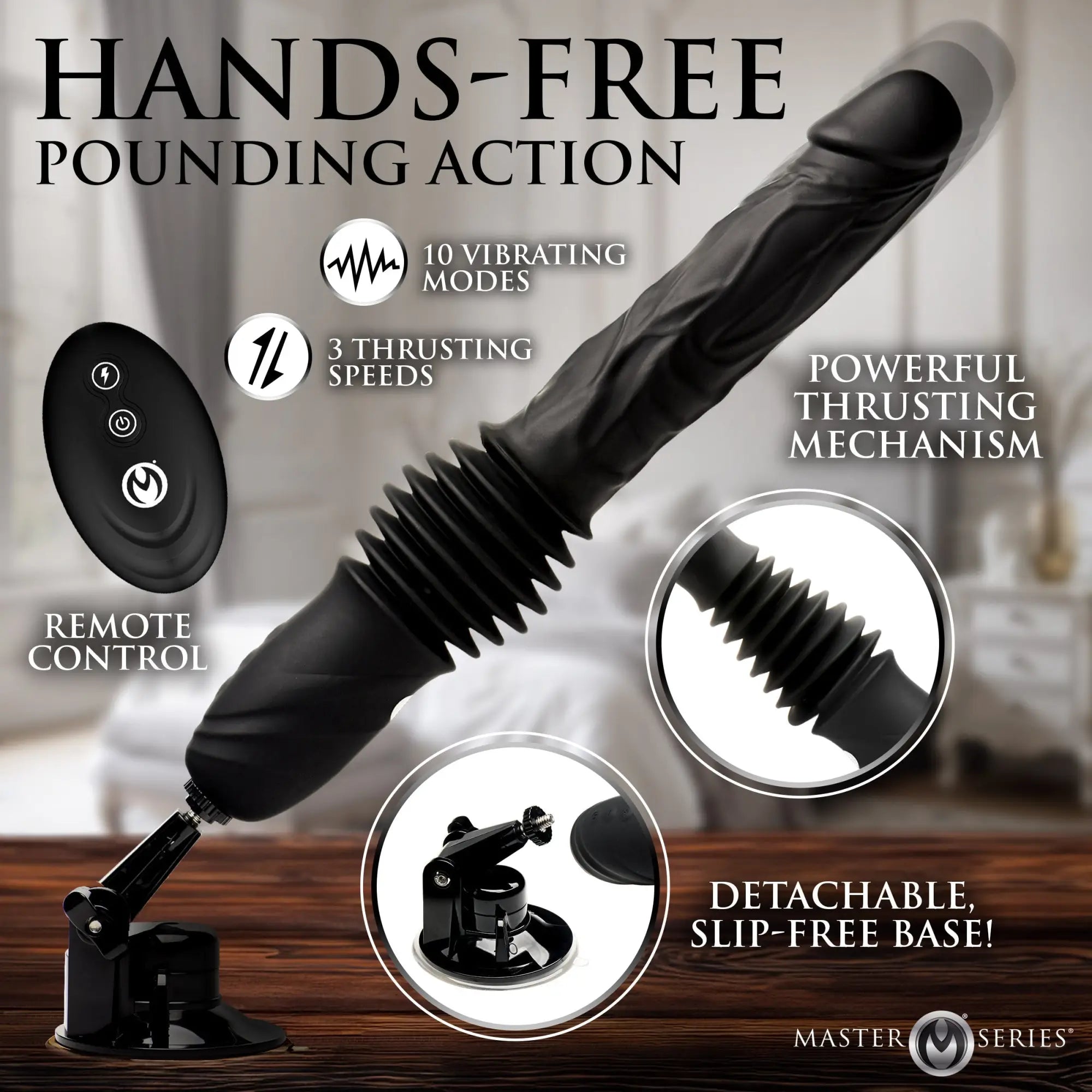 Master Series Double Pounder: A black silicone vibrating thruster dildo with a remote and a detachable suction base.