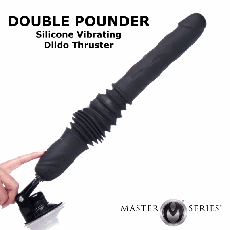 Master Series Double Pounder: black silicone vibrating thruster dildo with an accordion-style neck and suction cup base.