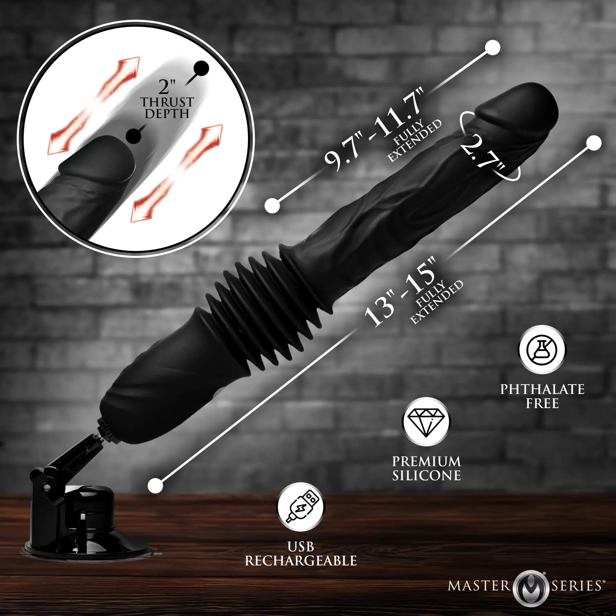 Master Series Double Pounder black silicone vibrating thruster with suction base, showing features and measurements.