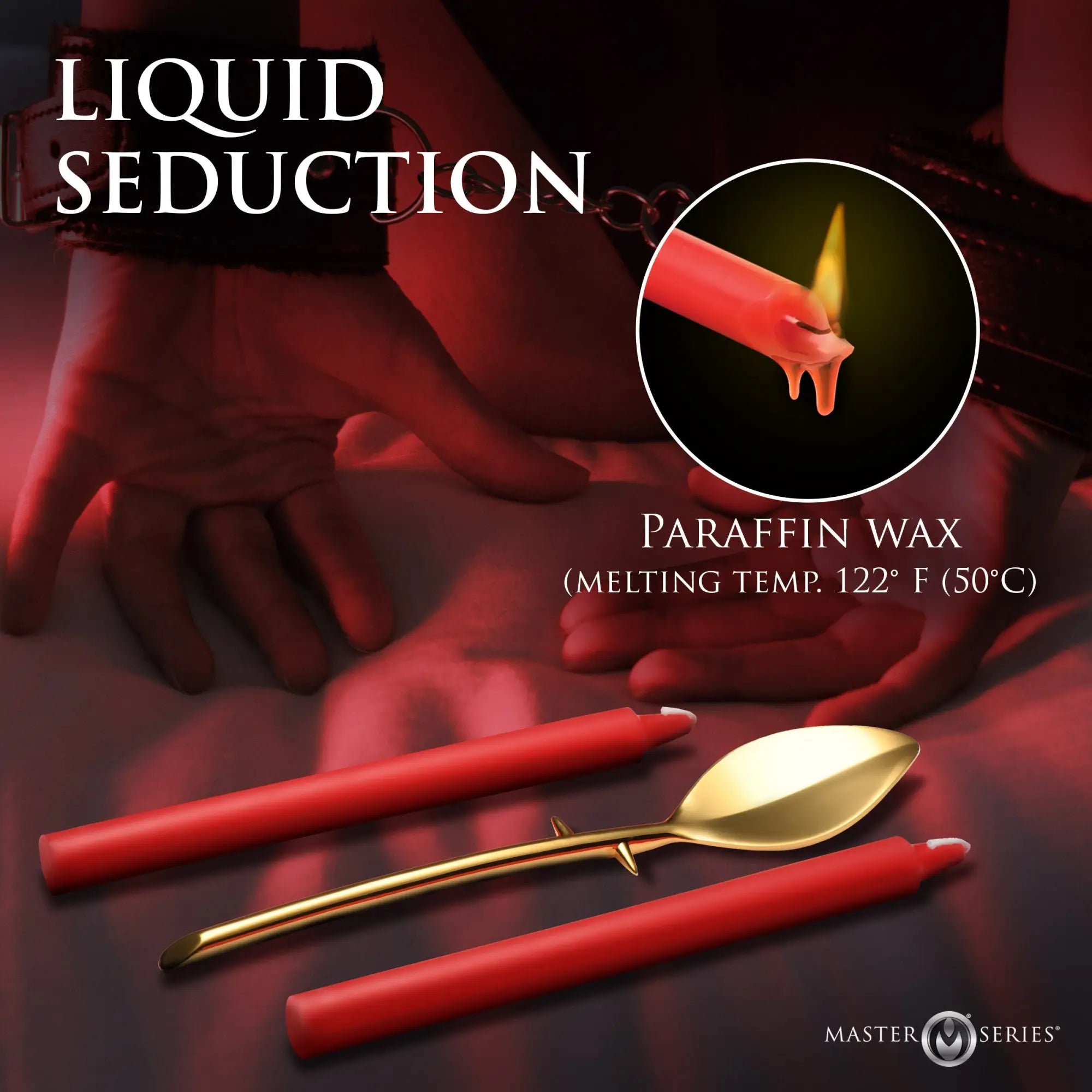 Master Series Drip Sensation kit: two red paraffin wax candles and a gold-tone metal scraper on a red background.