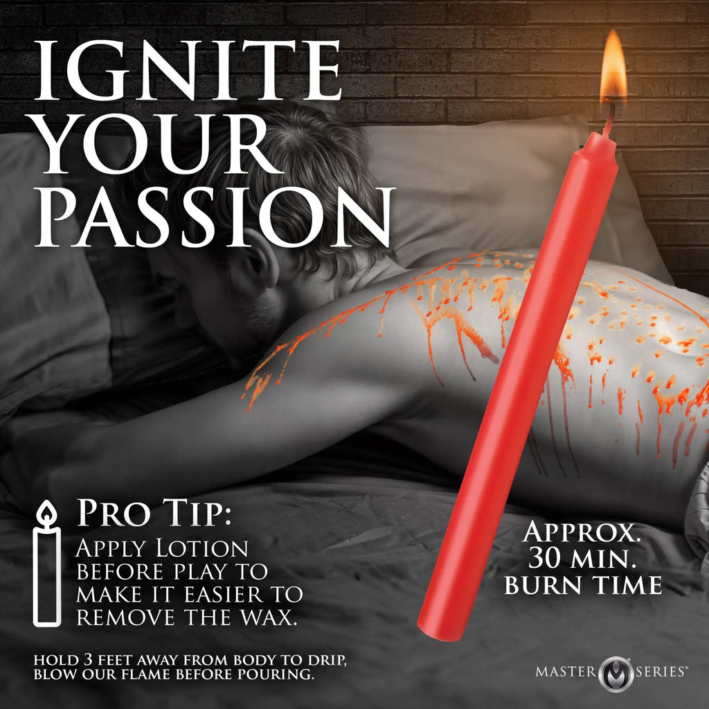 Master Series Drip Sensation waxplay candle in vibrant red, shown lit with dripped wax on a person’s back.