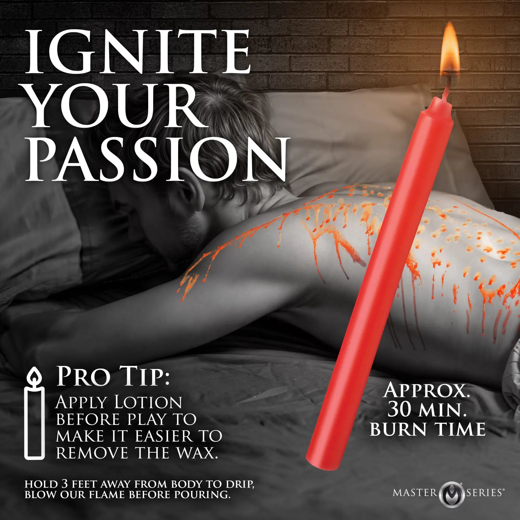 Master Series Drip Sensation waxplay candle in vibrant red, shown lit with dripped wax on a person’s back.