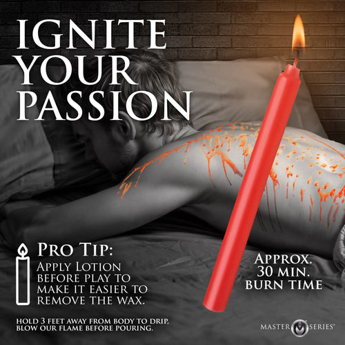 Master Series Drip Sensation waxplay candle in vibrant red, shown lit with dripped wax on a person’s back.