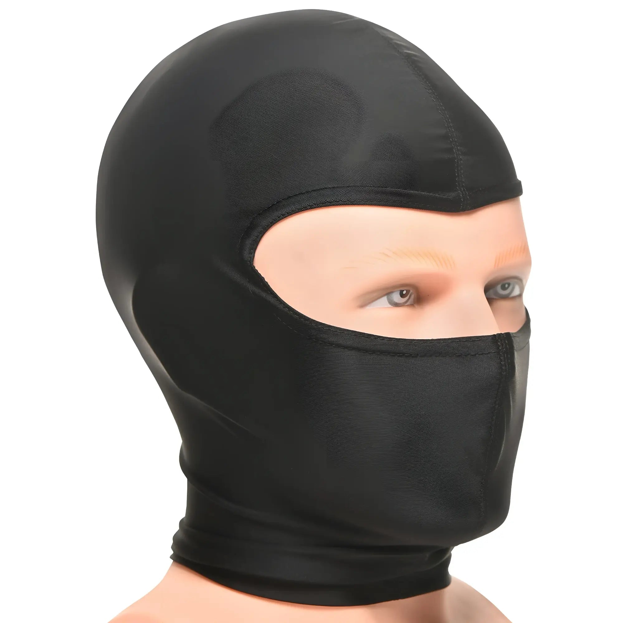 Master Series The Drone Hood: A smooth, black balaclava-style mask worn on a mannequin head, showing eyes and brow.