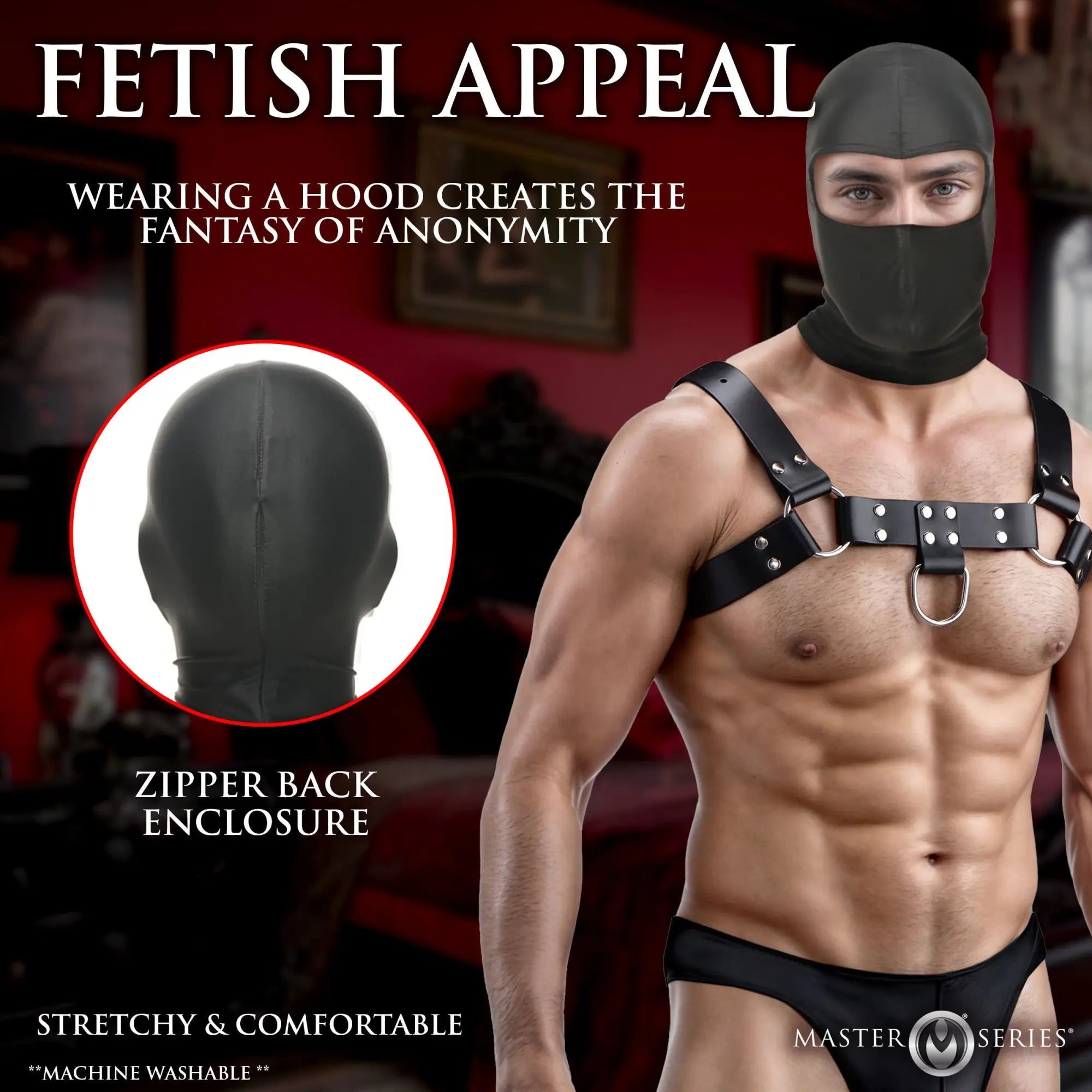 Master Series The Drone Hood: A black, stretchy, full-face mask shown on a man wearing a leather chest harness.