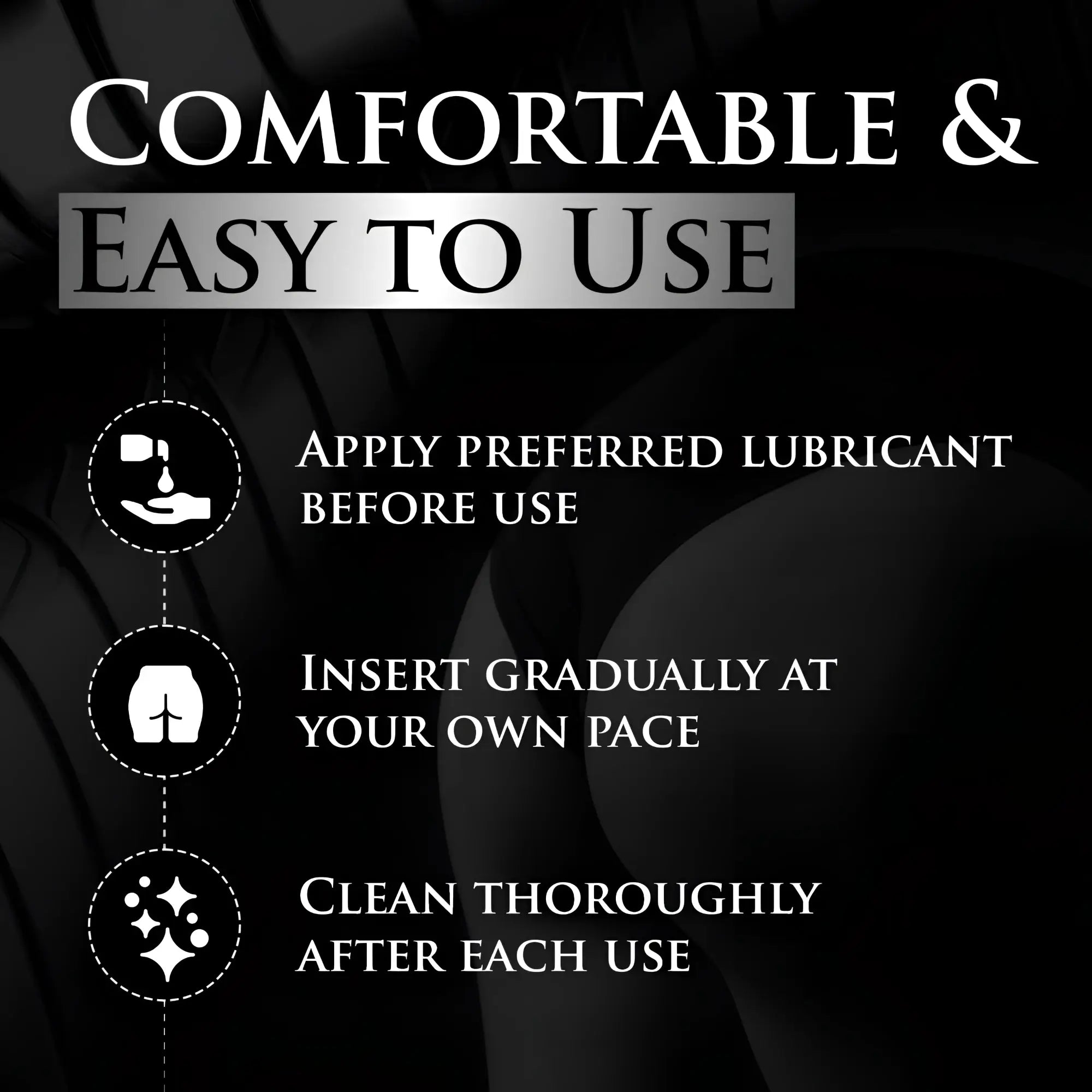 Master Series Drops Anal Link instructions infographic on a black background showing steps for lubricant, use, and care.