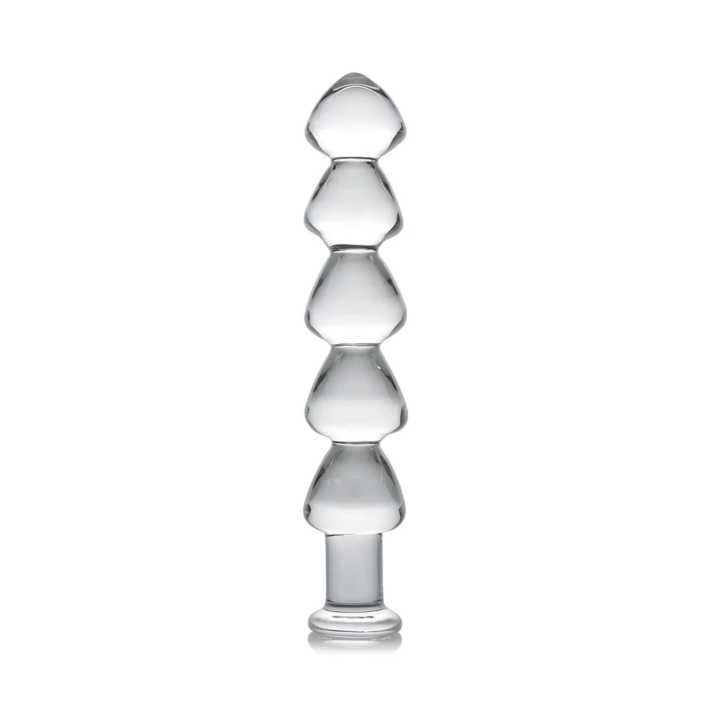 Master Series Drops Anal Link: a clear, glass dildo featuring five graduated, smooth bead-like segments on a base.