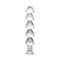 Master Series Drops Anal Link: a clear, glass dildo featuring five graduated, smooth bead-like segments on a base.
