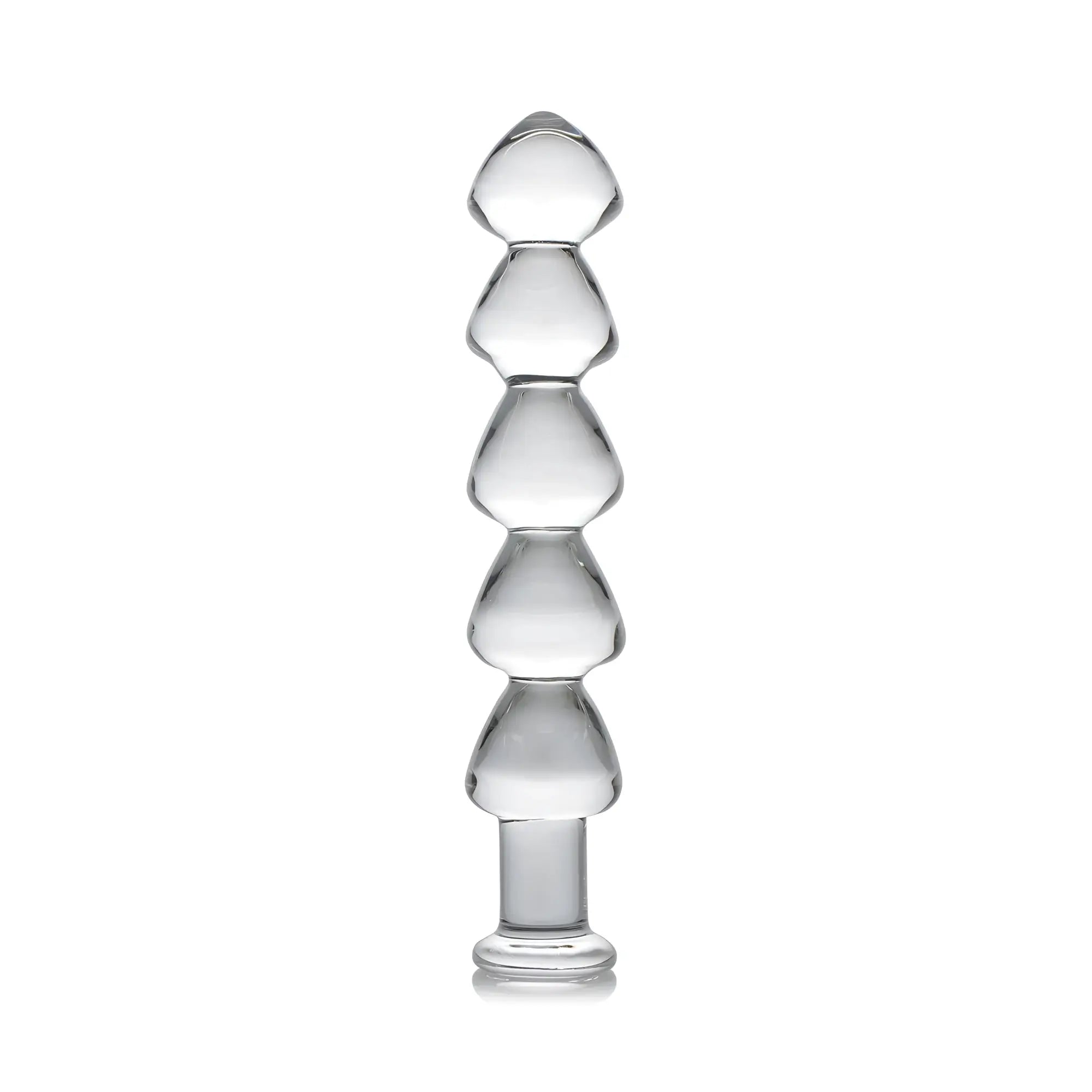 Master Series Drops Anal Link: a clear, glass dildo featuring five graduated, smooth bead-like segments on a base.