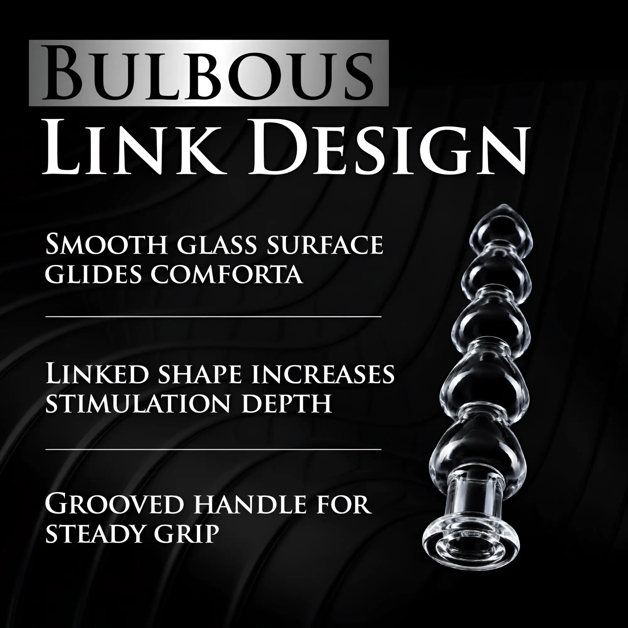 Master Series Drops Anal Link glass dildo with a clear, bulbous design and grooved handle against a black background.