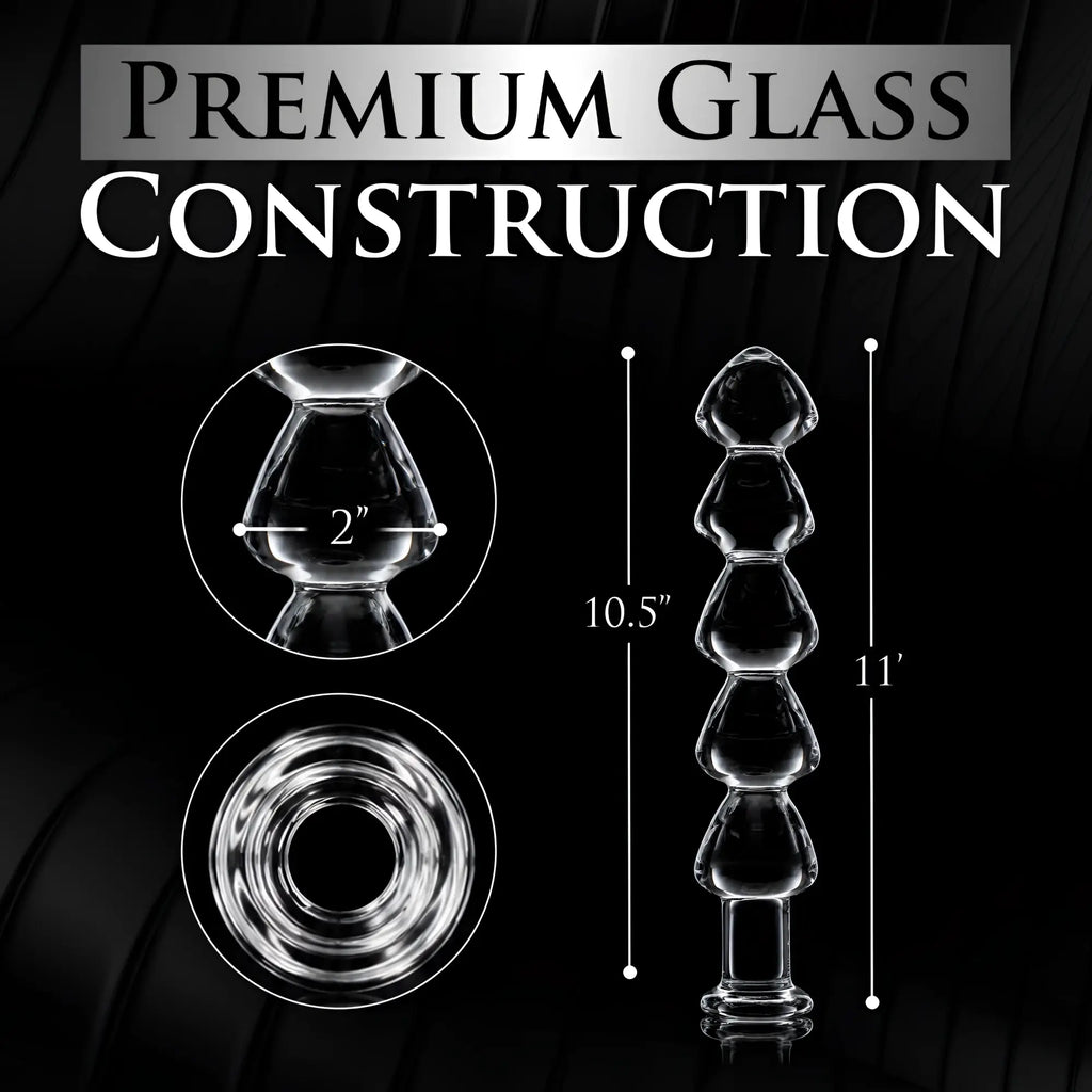 Master Series Drops Anal Link glass dildo: a clear, 11-inch beaded glass toy with a 2-inch diameter, shown with specs.