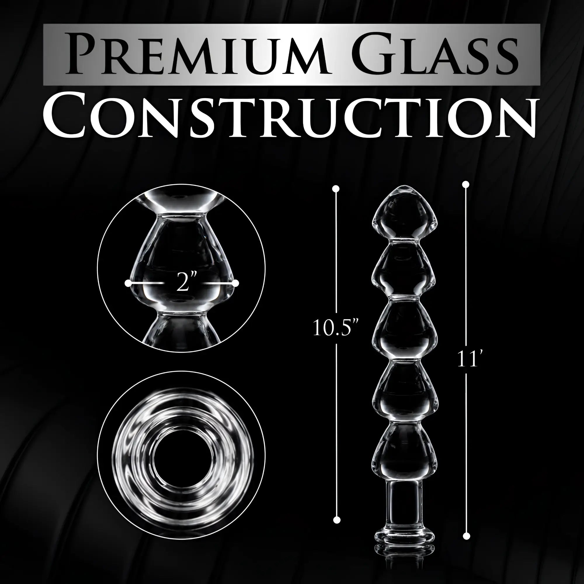 Master Series Drops Anal Link glass dildo: a clear, 11-inch beaded glass toy with a 2-inch diameter, shown with specs.