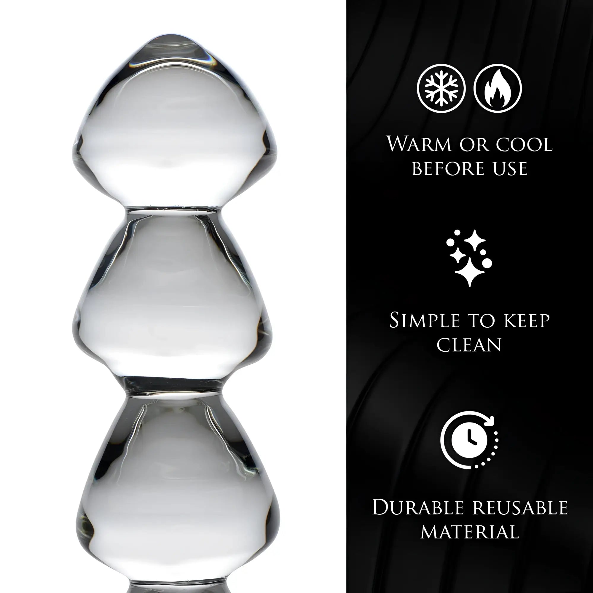 Master Series Drops clear glass anal link dildo with three stacked teardrop-shaped beads next to product feature icons.