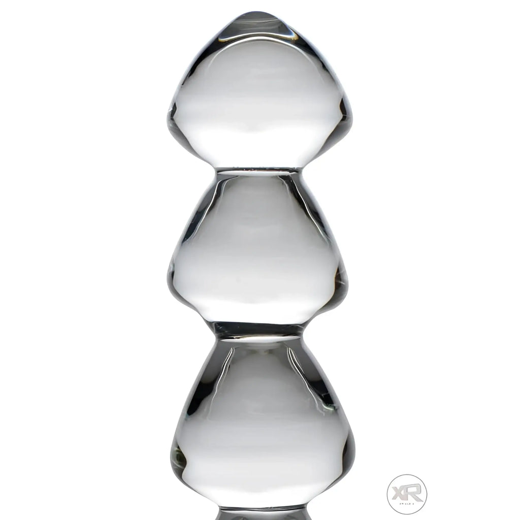 Master Series Drops Anal Link: a clear, transparent glass dildo with a stacked, multi-bulb tapered design.