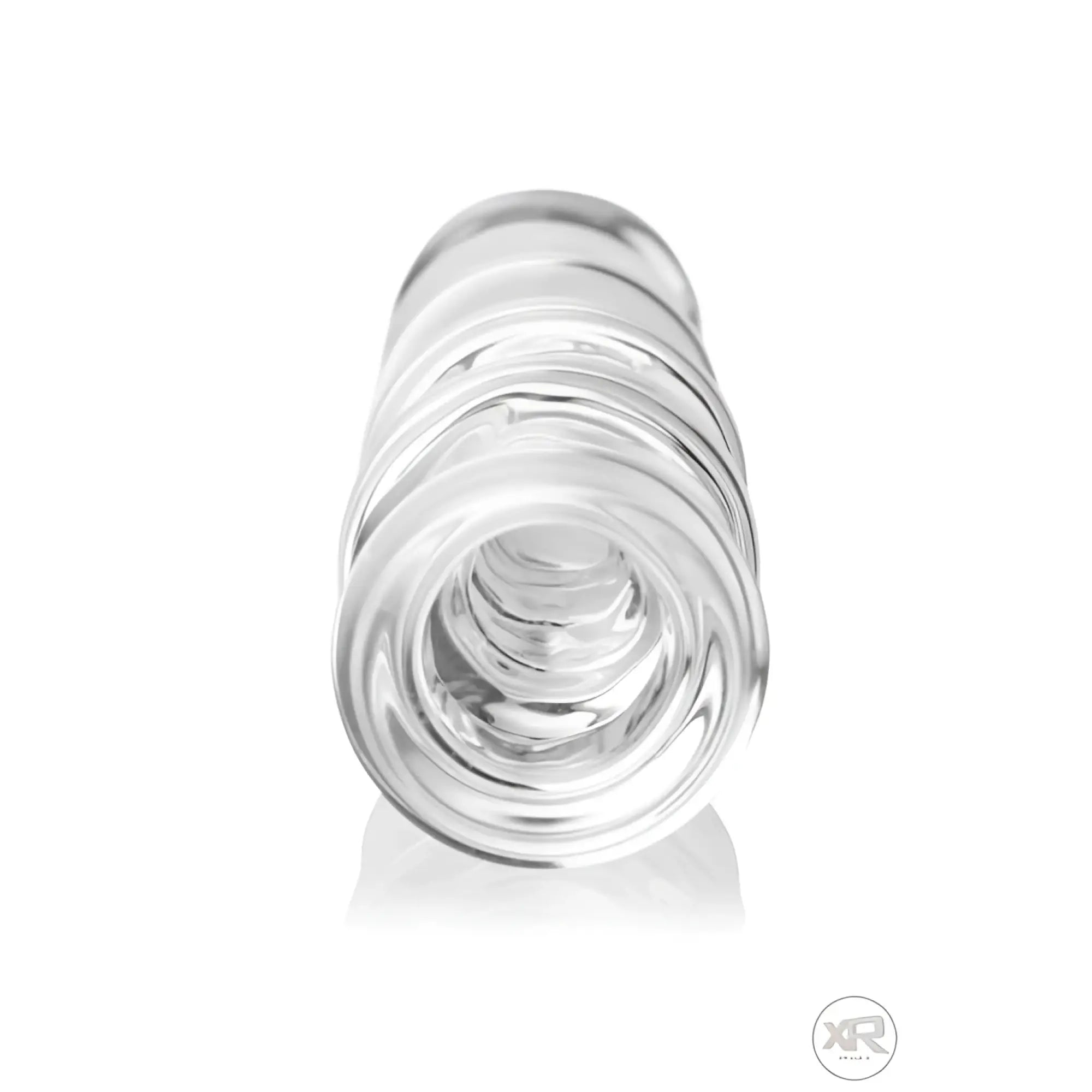 Master Series Drops Anal Link glass dildo, a clear, hollow, tubular glass toy viewed from the front.