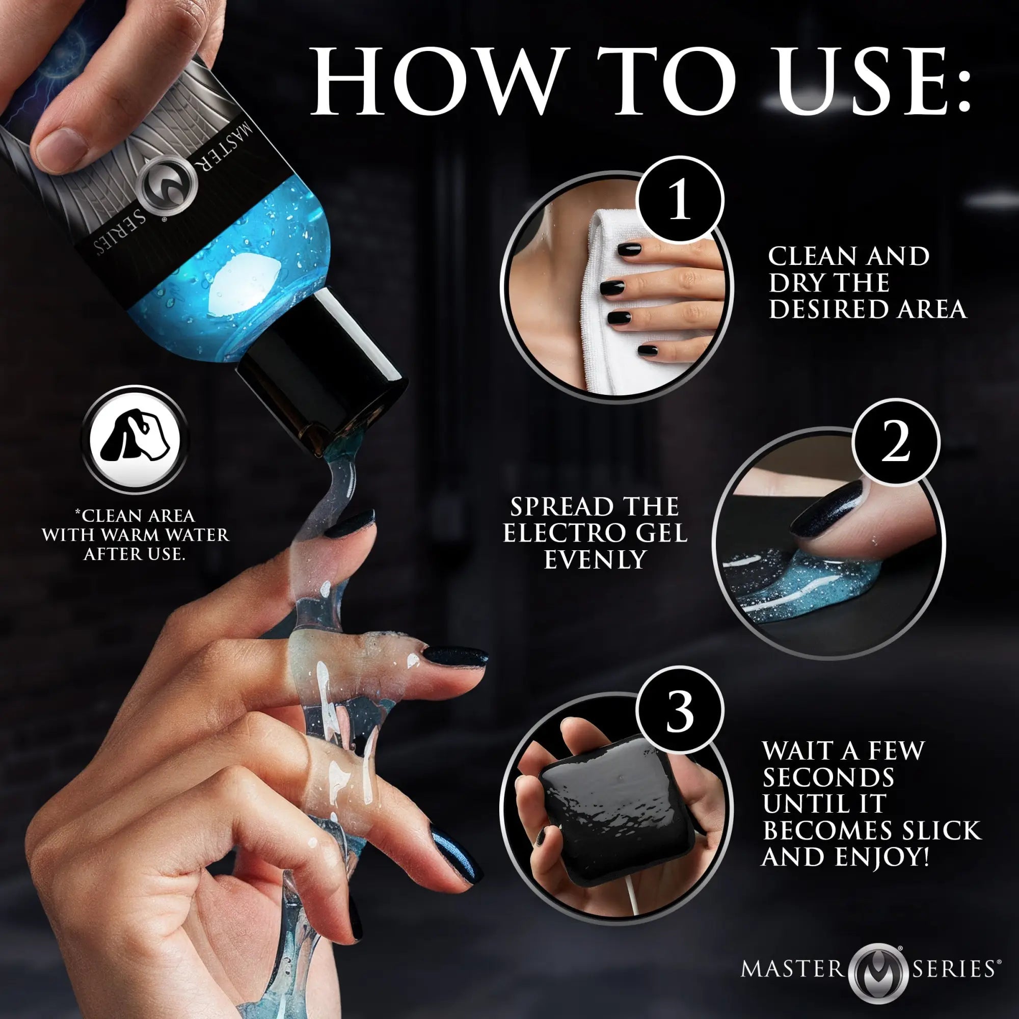 Master Series Electro Sex Gel 8.5 oz: How-to graphic showing blue conductive gel being applied in three simple steps.