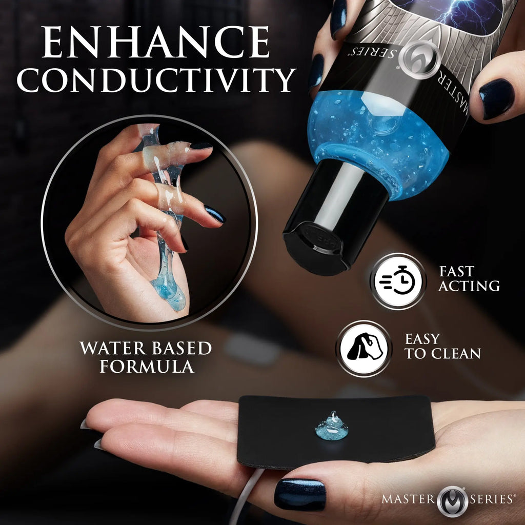 Master Series Electro Sex Gel (8.5 oz) shown in a blue bottle, demonstrating the clear gel consistency and usage.