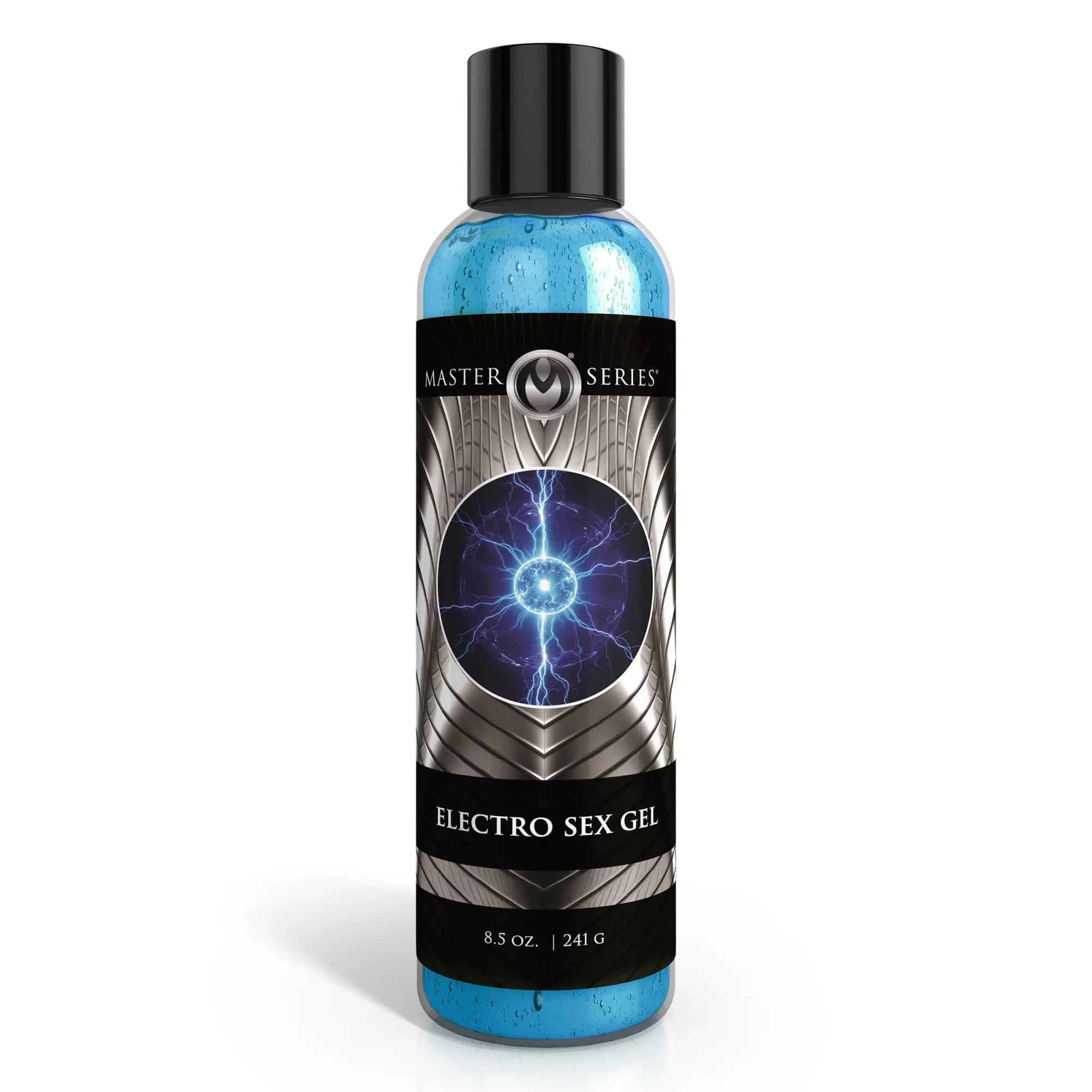 Bottle of Master Series Electro Sex Gel (8.5 oz), featuring bright blue gel and black label with electric art design.