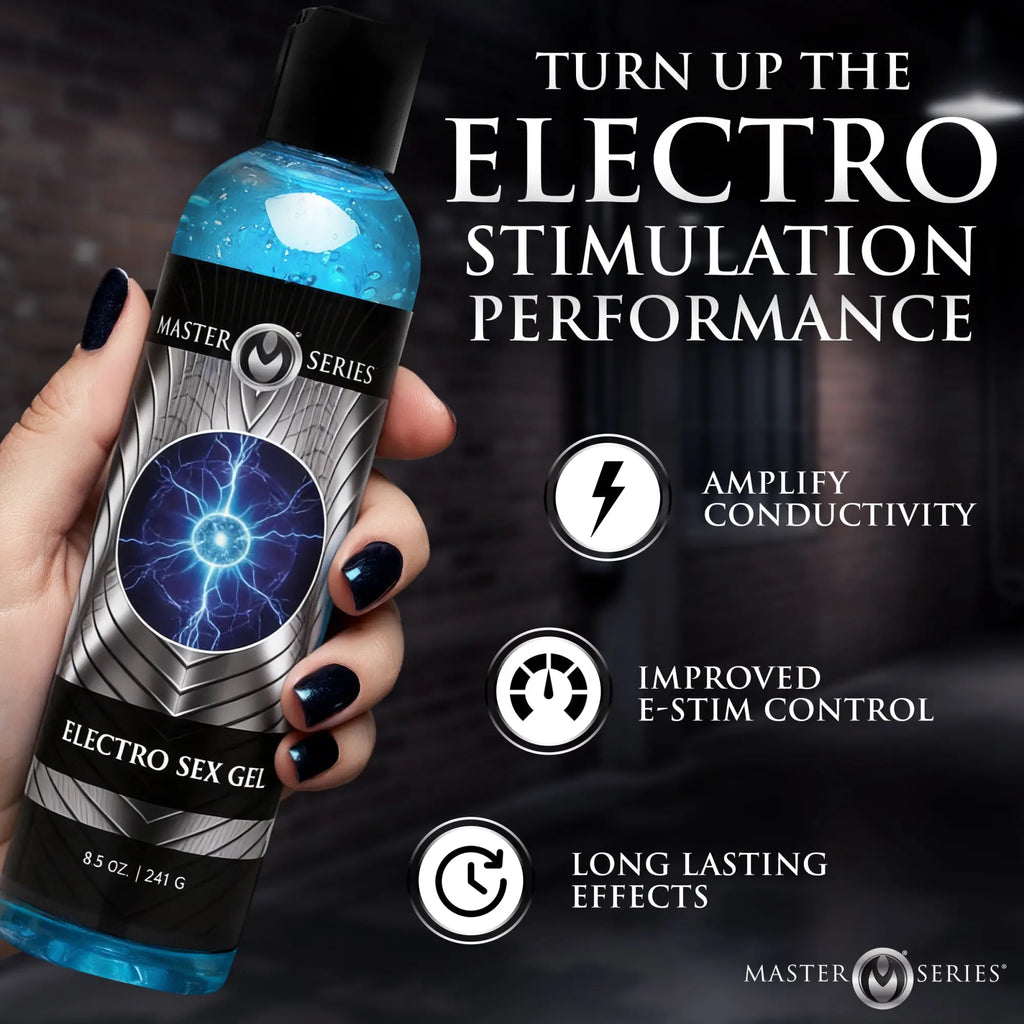 Hand holding 8.5oz bottle of blue Master Series Electro Sex Gel with silver lightning graphic on a black label.