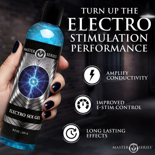 Hand holding 8.5oz bottle of blue Master Series Electro Sex Gel with silver lightning graphic on a black label.