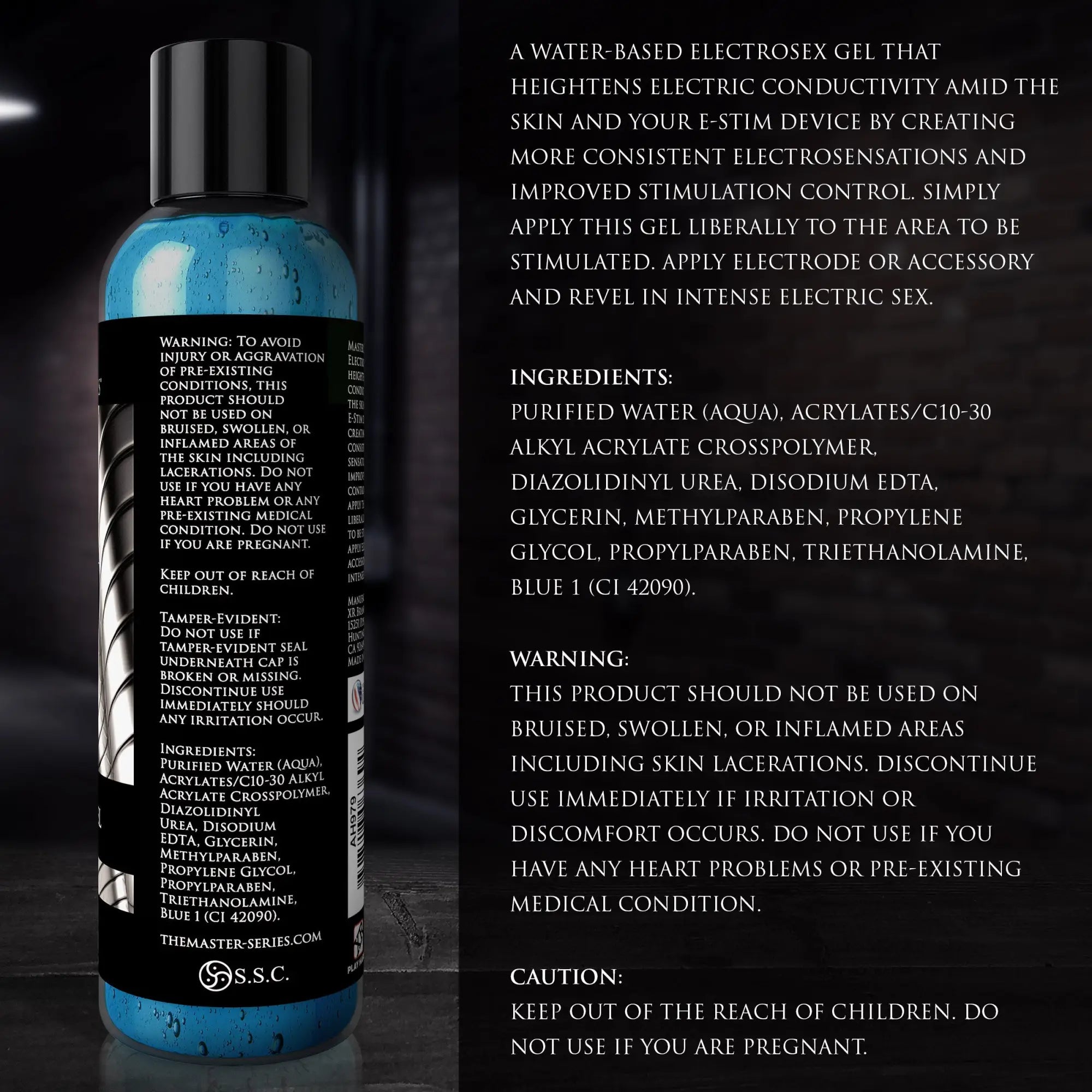 Blue 8.5 oz bottle of Master Series Electro Sex Gel featuring black text and metallic silver graphic design details.